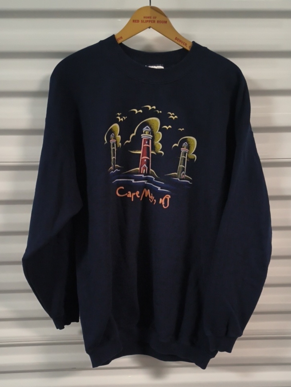 Vtg Cape May NJ Lighthouse Screen Printed Crewneck Navy Blue Sweatshirt Men's L
